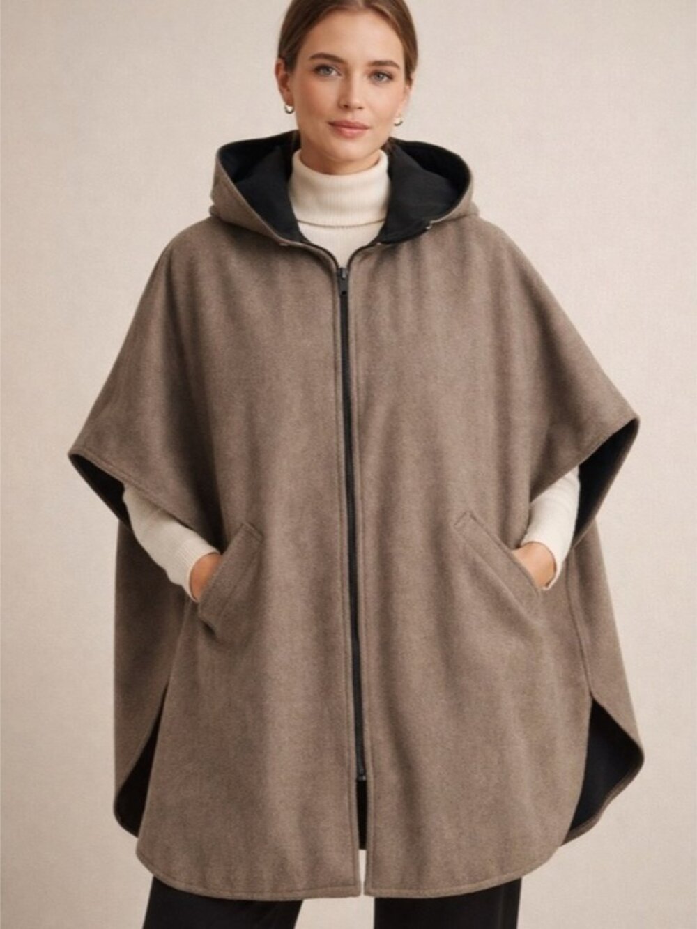 Vintage Taupe Hooded Cape Poncho Wool Blend Removable Hood Oversized